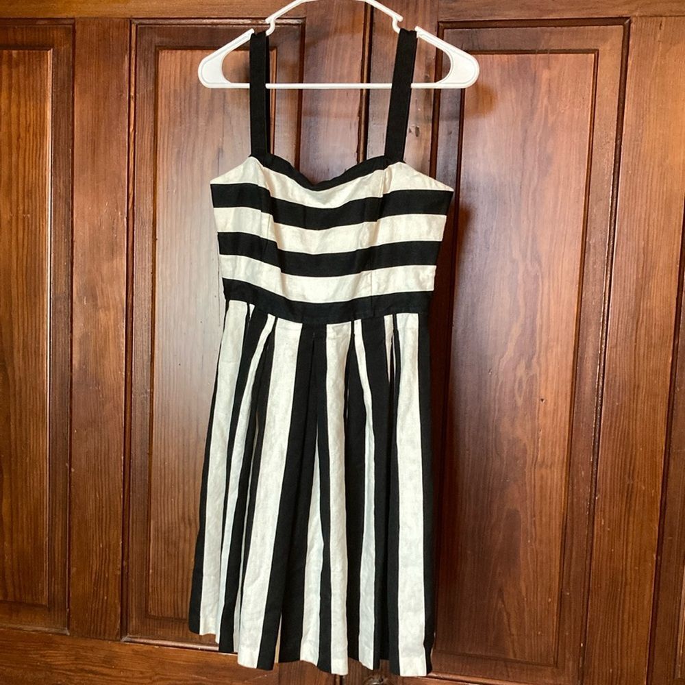 Loft Striped Black White Cotton Linen Blend Fit & Flare Sleeveless Mini Dress 2